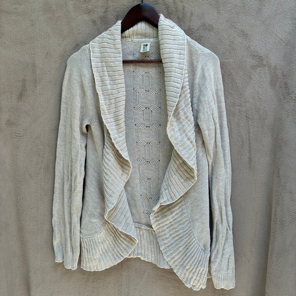 Women's Roxy Beige Knit Draped Open Front Cardigan Sweater Medium Y2K